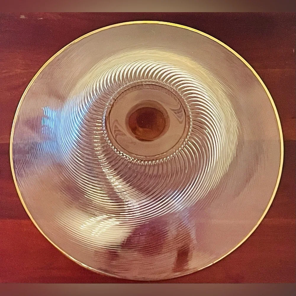Vintage Murano-Style Spiral Optic Glass Centerpiece Gold Rimmed Bowl, 12 Inches - Picture 5 of 7